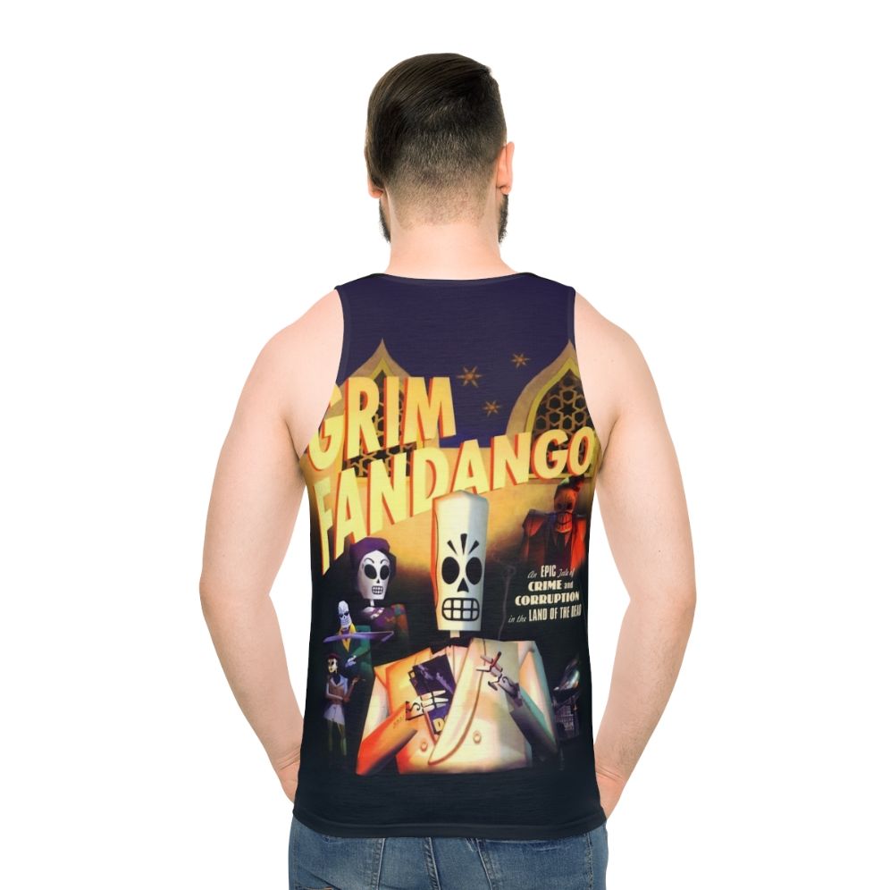 Grim Fandango unisex tank top with high contrast pixel art design