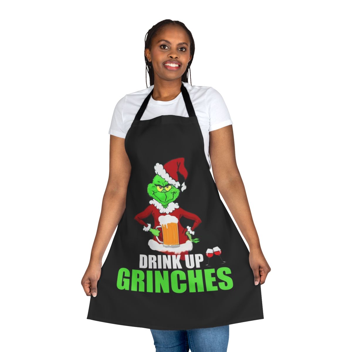 A festive apron featuring a "Drink Up Grinches" design, perfect for holiday cooking and entertaining.