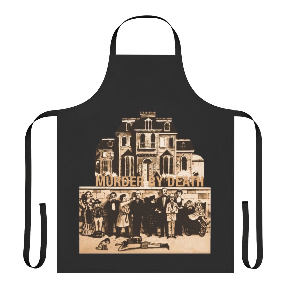 Gripping murder mystery-themed apron with yellow and black design