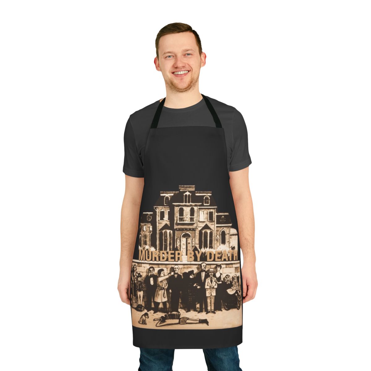 Gripping murder mystery-themed apron with yellow and black design