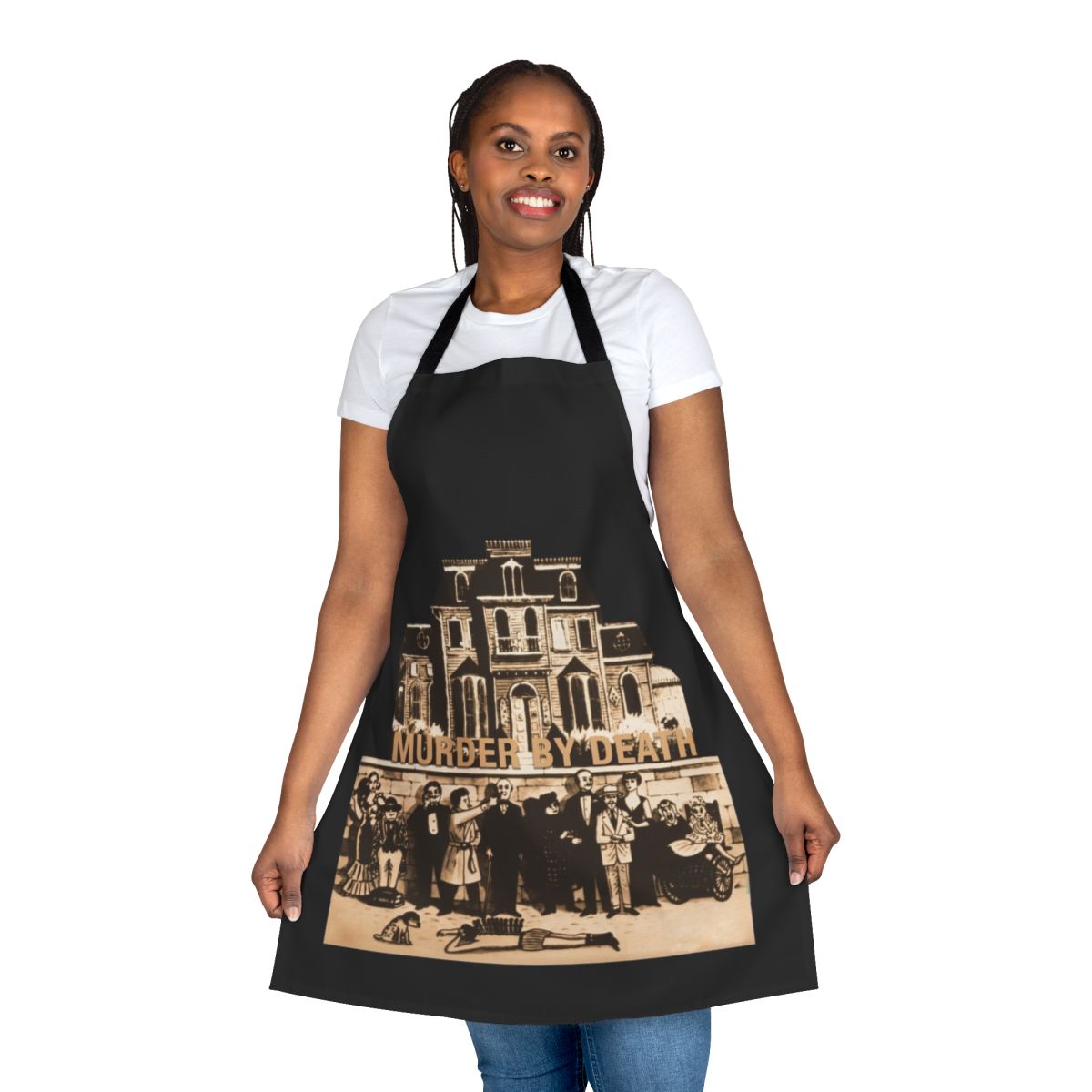 Gripping murder mystery-themed apron with yellow and black design
