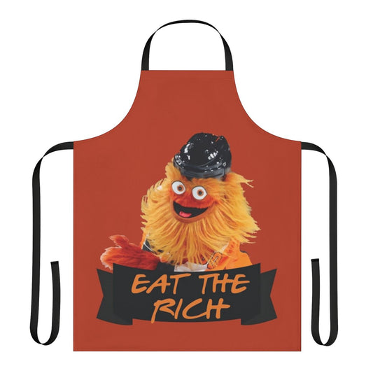 Gritty-inspired eat the rich sticker apron with a creepy, weird smile face design