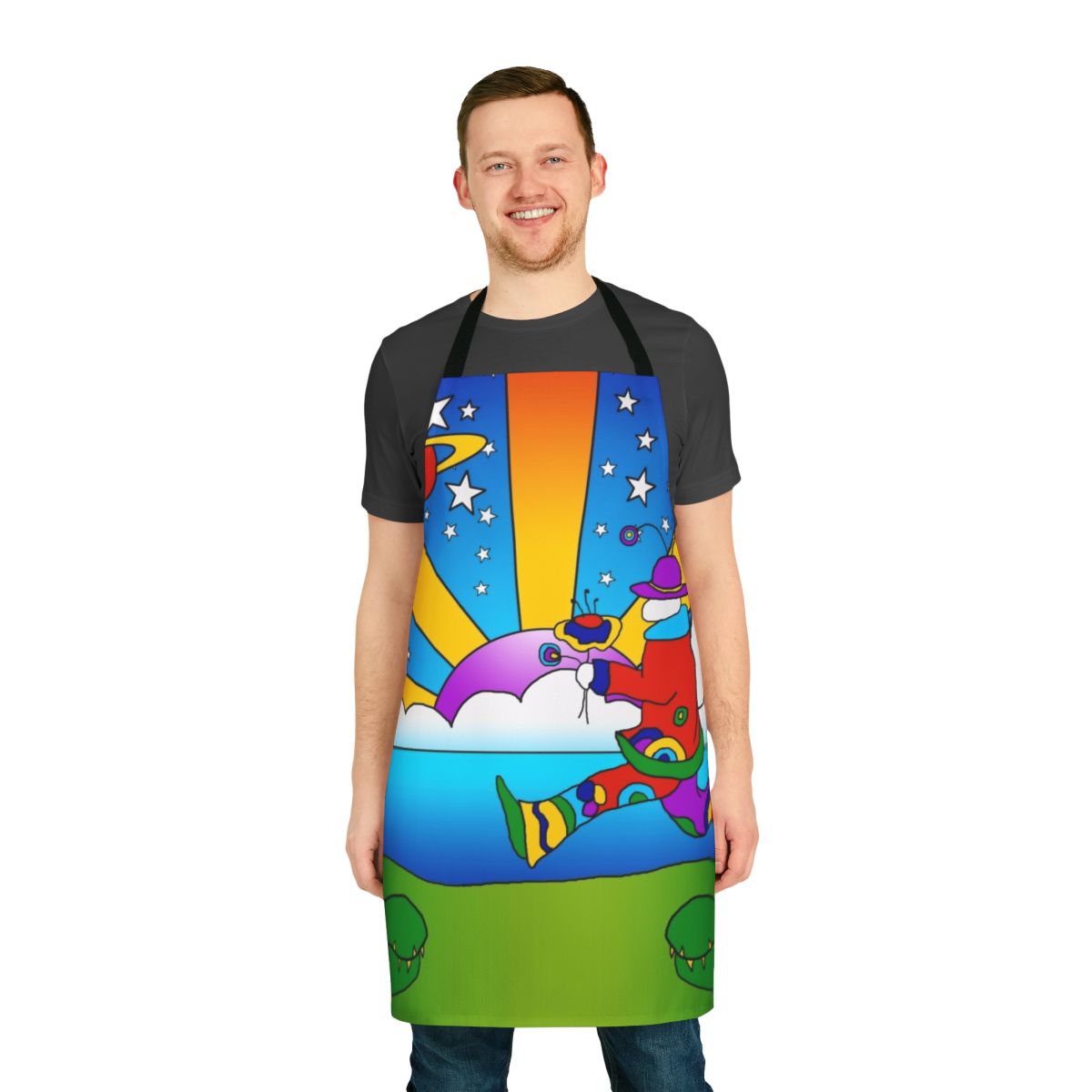 Colorful retro 1960s psychedelic apron with trippy, groovy, and hippie-inspired design