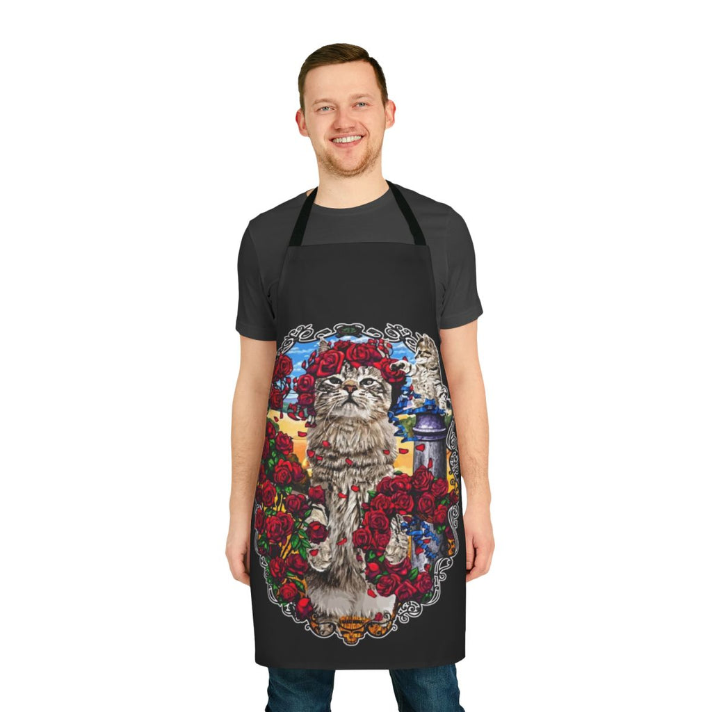 Vibrant apron featuring a design of grateful cats and roses