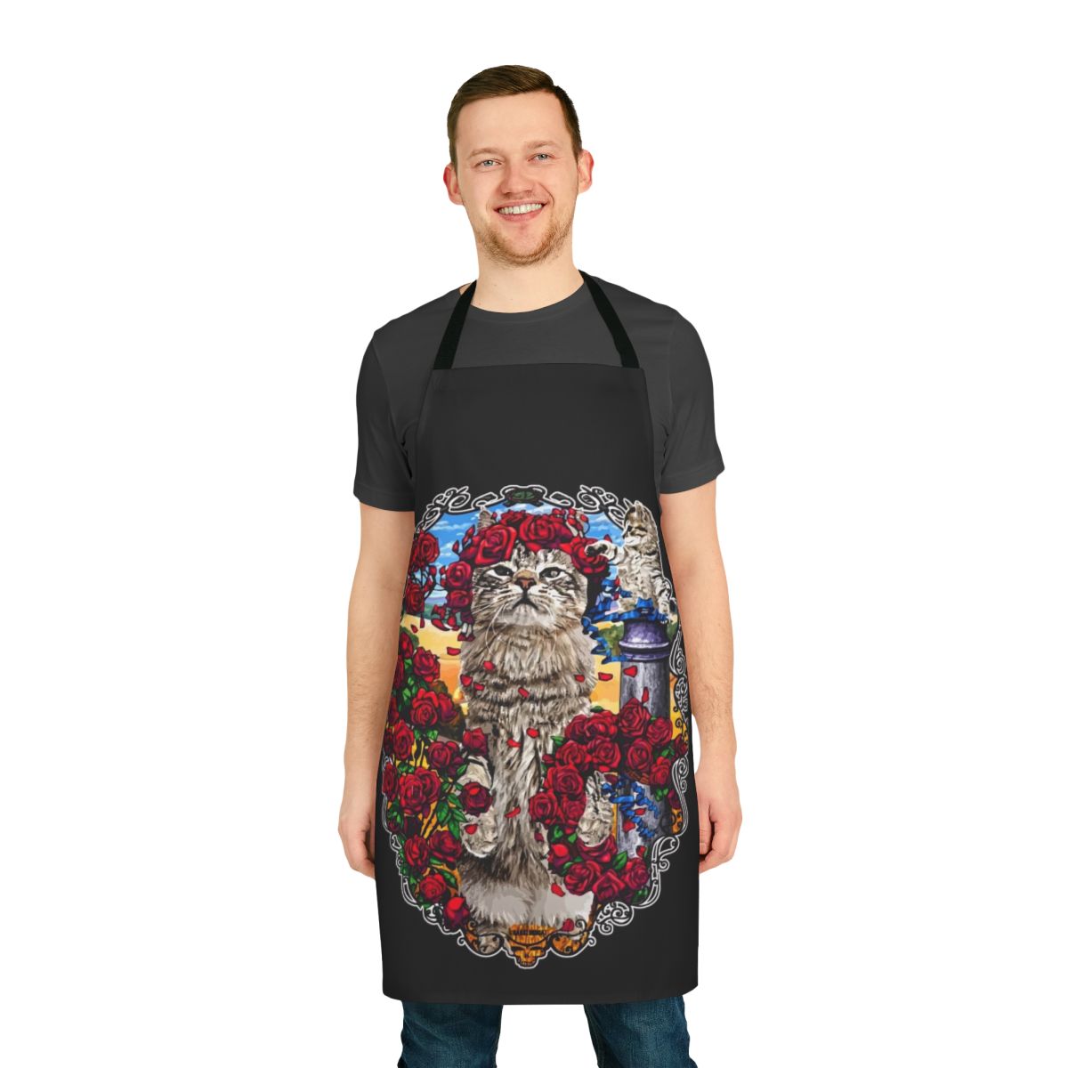 Vibrant apron featuring a design of grateful cats and roses