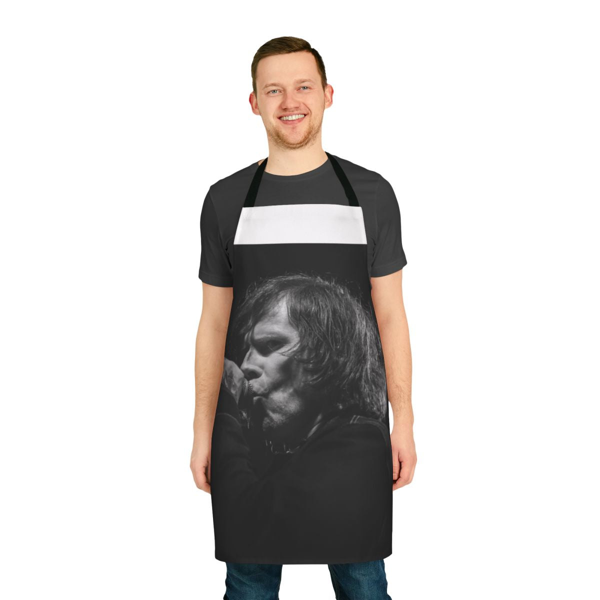 Grunge-inspired apron featuring the name and image of musician Mark Lanegan