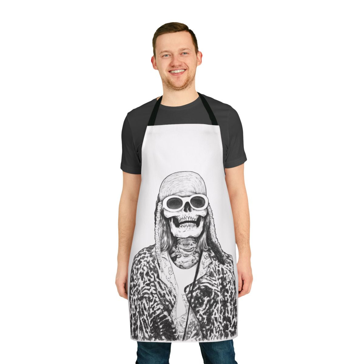 Grunge music skull art apron featuring a skull design inspired by the iconic Kurt Cobain of Nirvana.