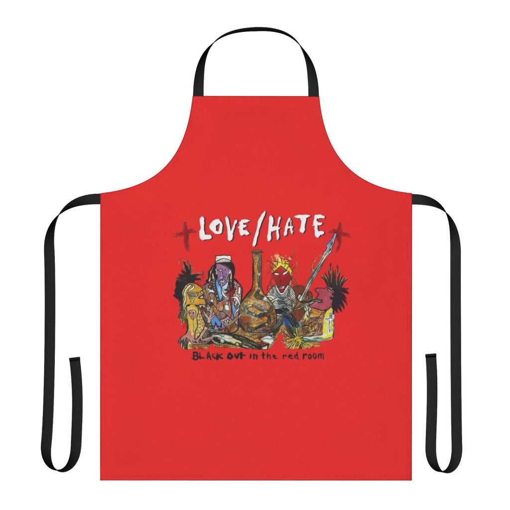 Grunge-style apron with dark, moody "Blackout in the Red Room" design for music lovers