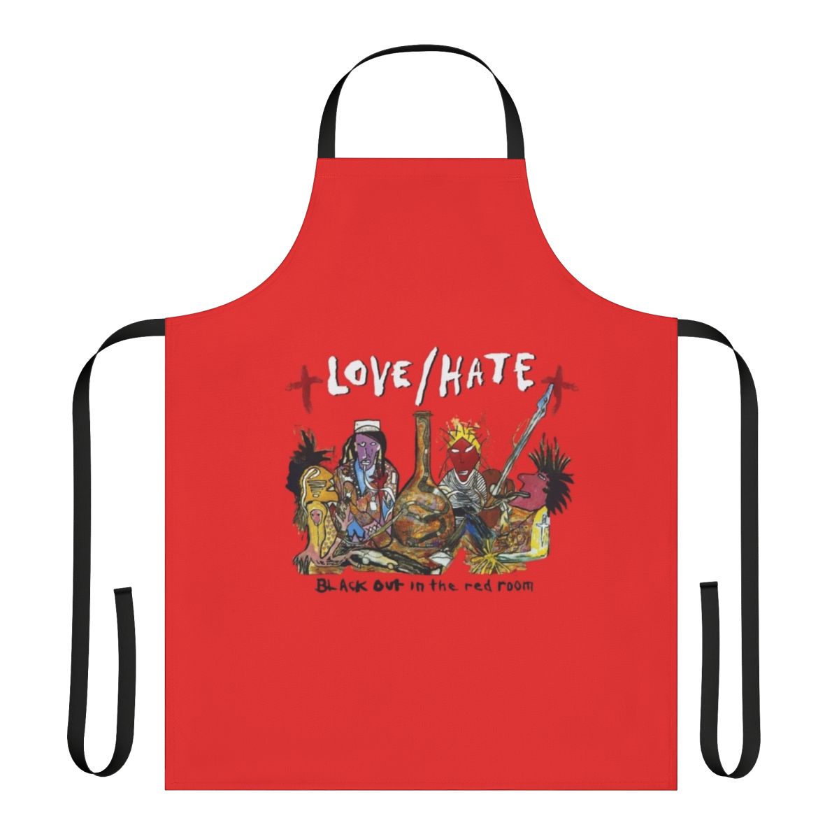 Grunge-style apron with dark, moody "Blackout in the Red Room" design for music lovers