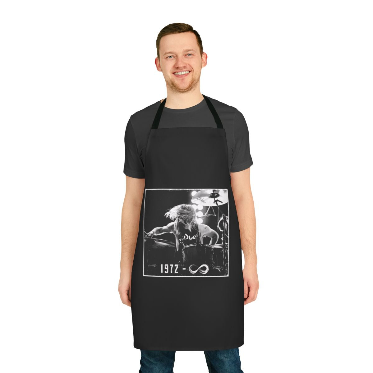 Grunge-inspired apron featuring a tribute design to legendary Foo Fighters drummer Taylor Hawkins