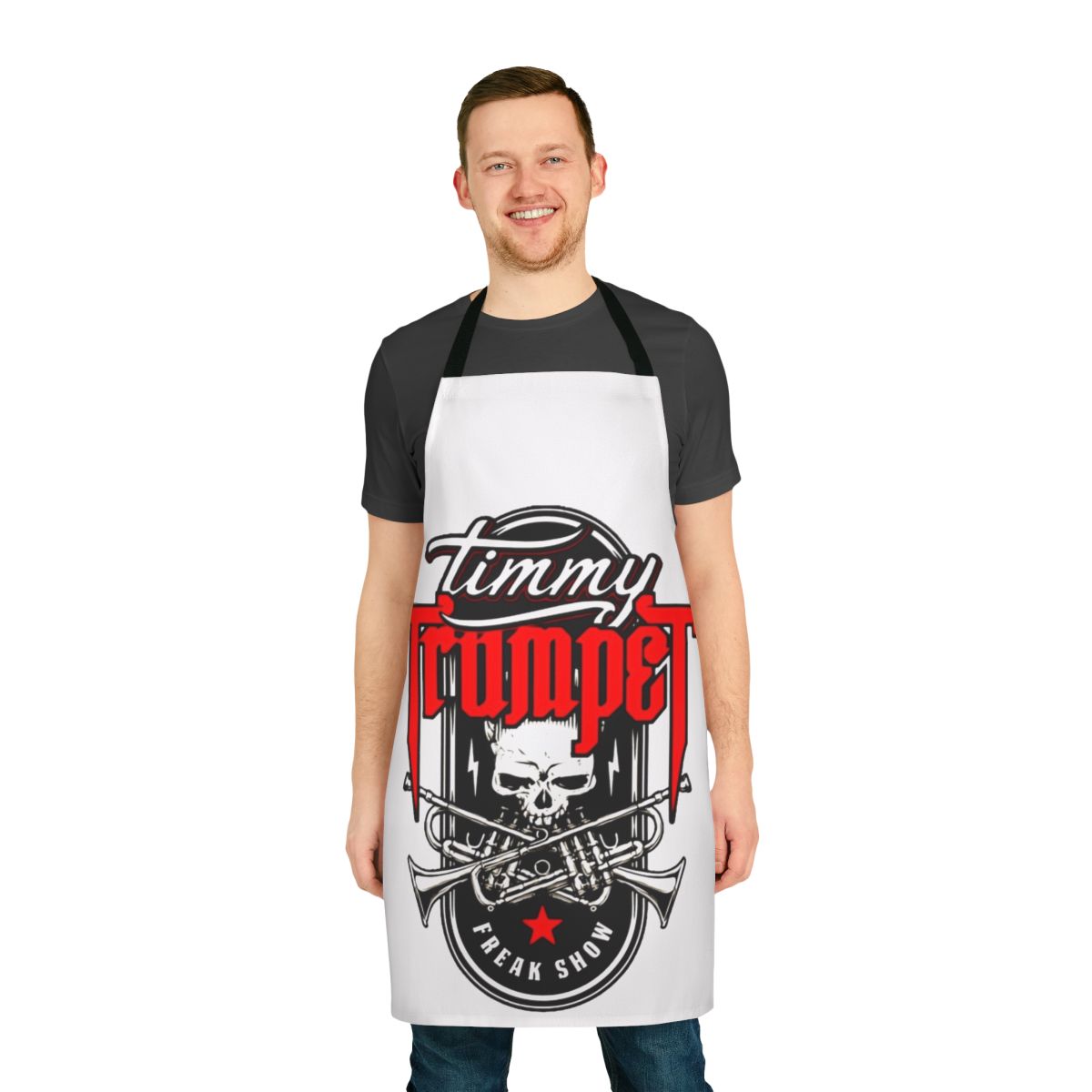 Grunge skull design printed on a black apron, great for electronic music fans