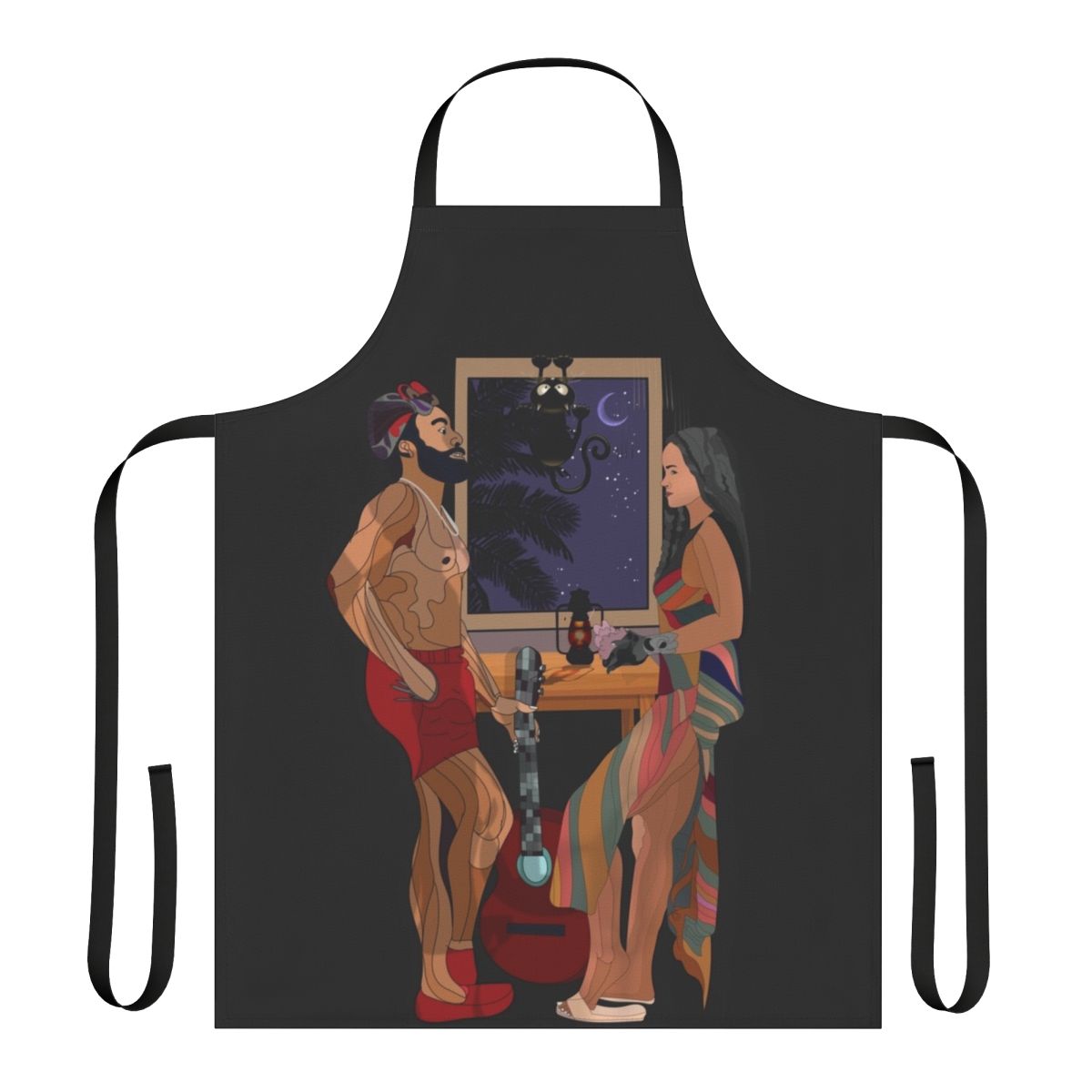 Guava-Inspired Apron with Tropical Night Sky Design featuring a cat, moon, and stars