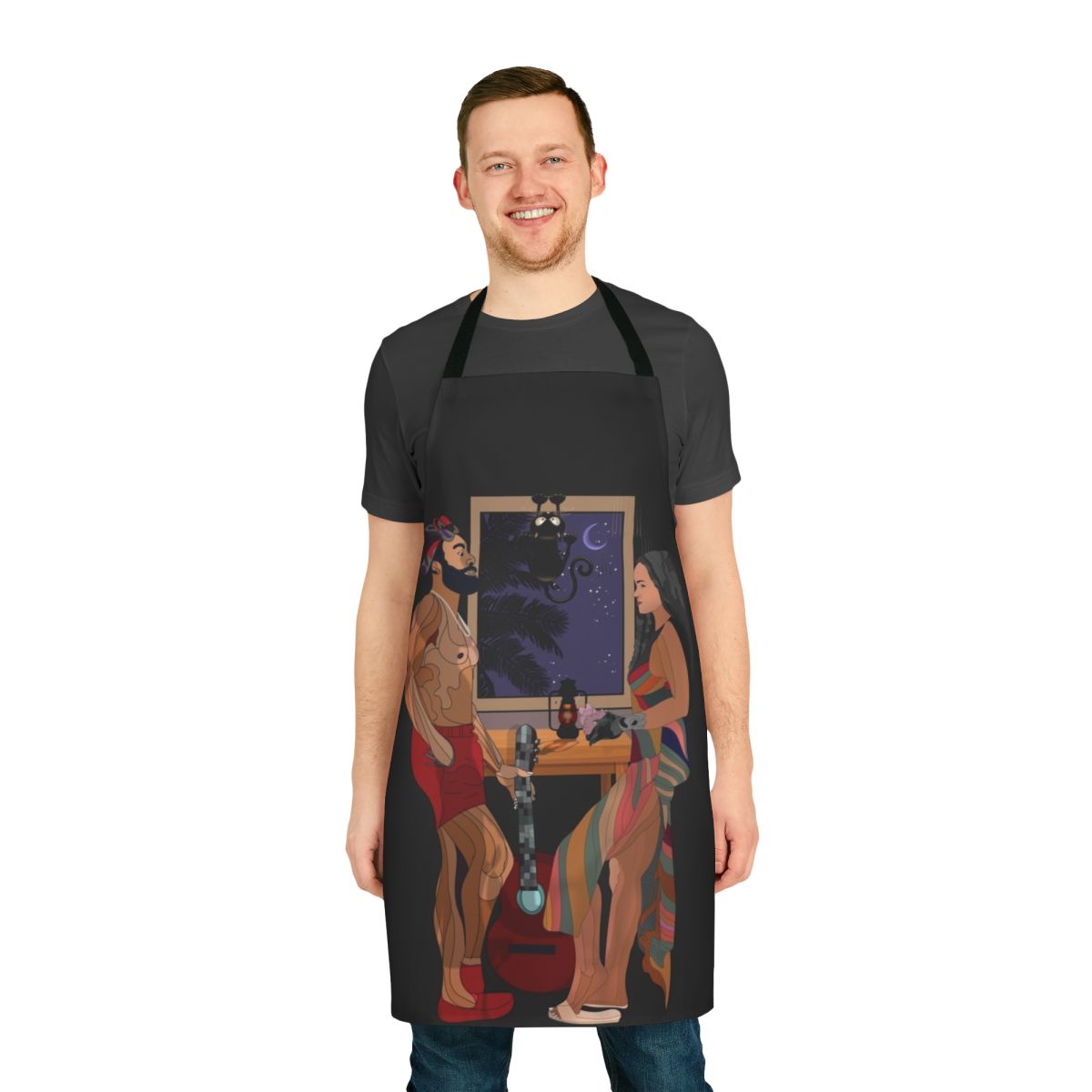 Guava-Inspired Apron with Tropical Night Sky Design featuring a cat, moon, and stars
