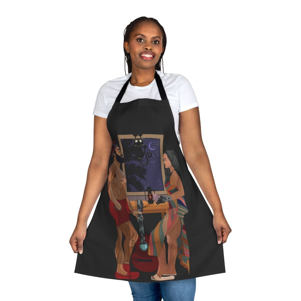 Guava-Inspired Apron with Tropical Night Sky Design featuring a cat, moon, and stars