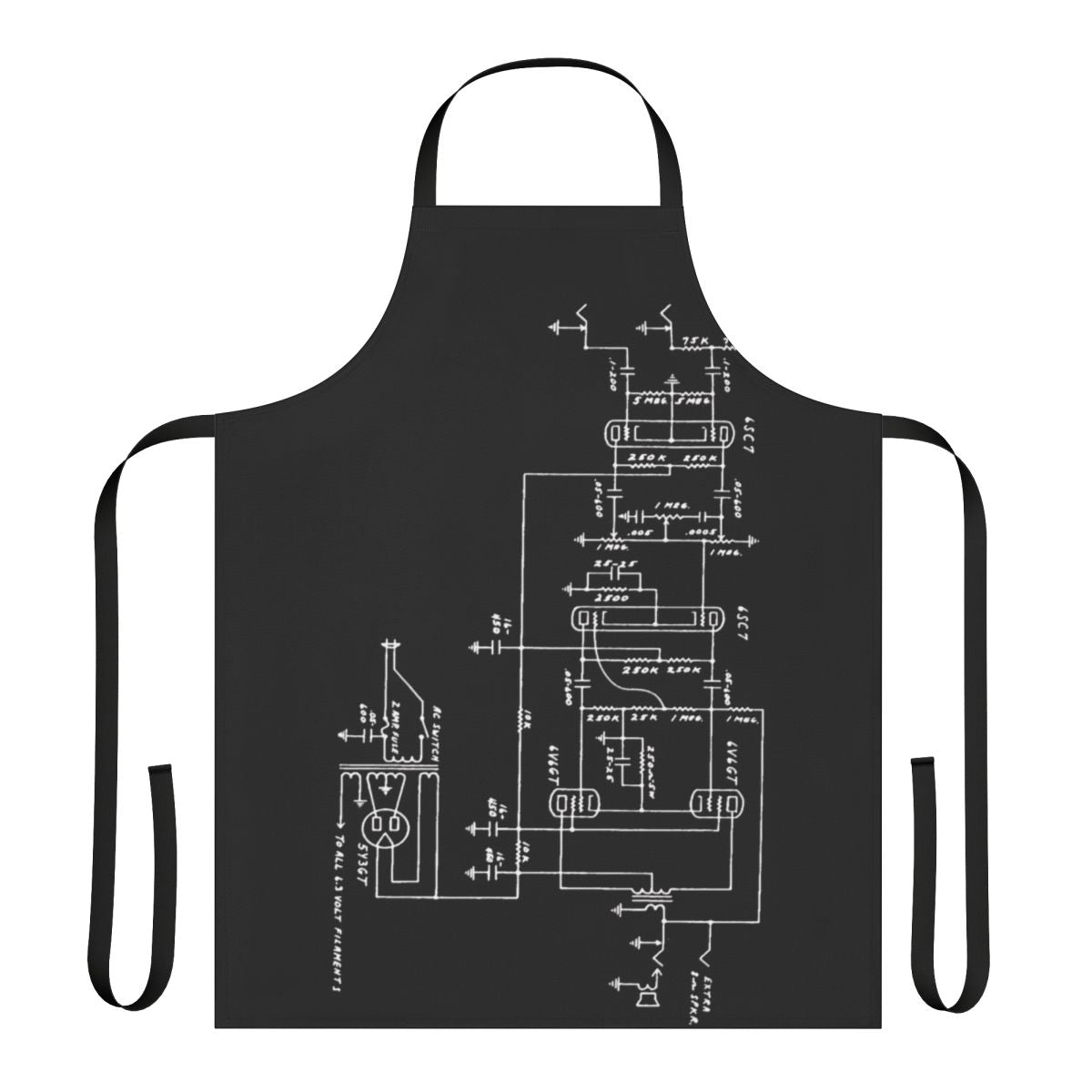 Guitar amp schematic design printed on a durable apron for music enthusiasts and electrical engineers.