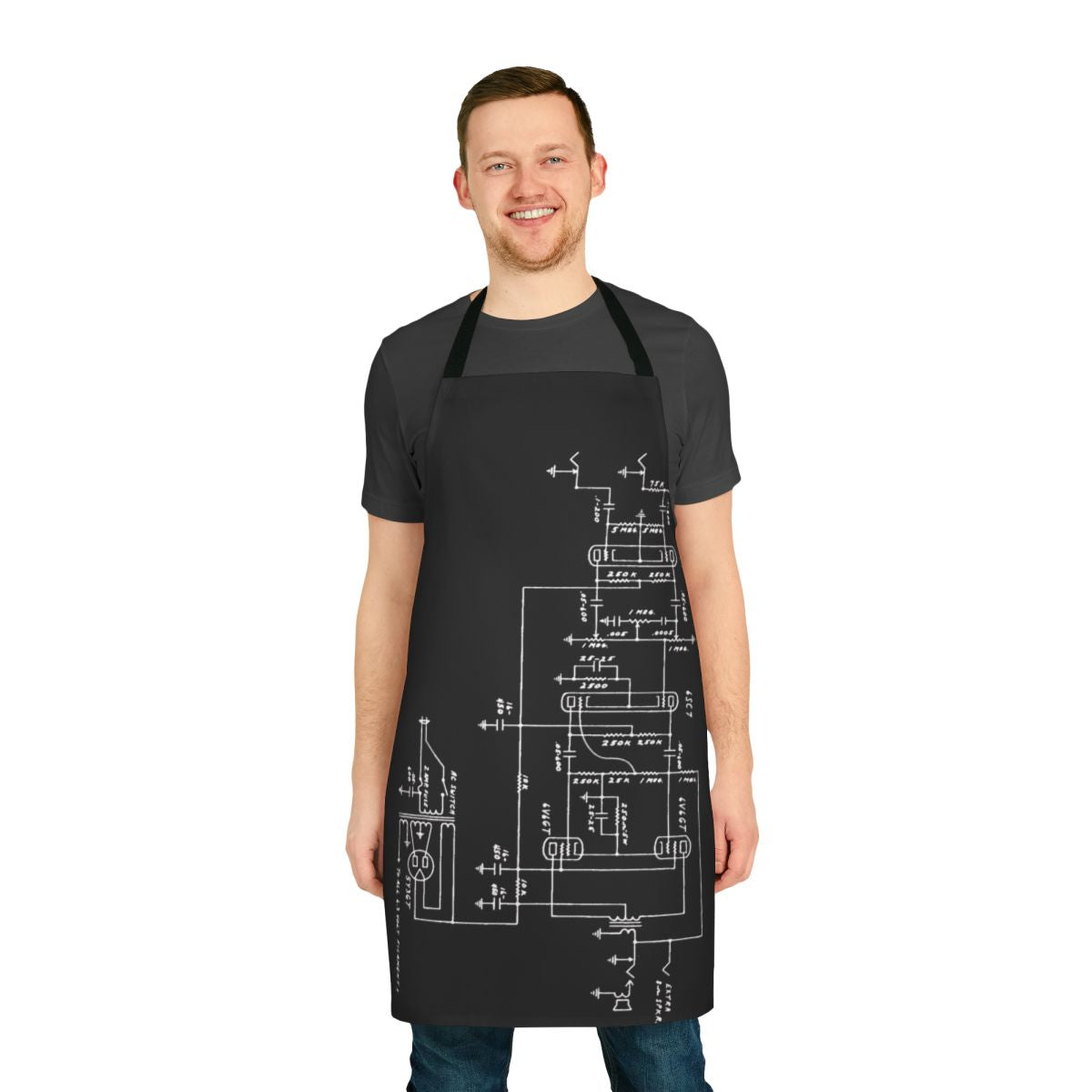Guitar amp schematic design printed on a durable apron for music enthusiasts and electrical engineers.