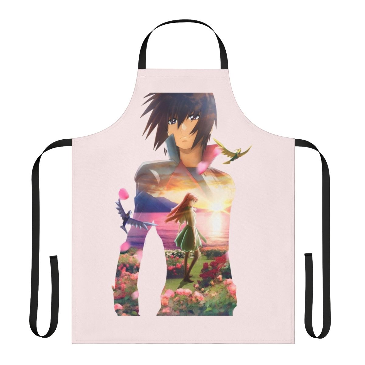 Anime-inspired apron featuring the Freedom and Immortal Justice Gundams from the Mobile Suit Gundam Seed series