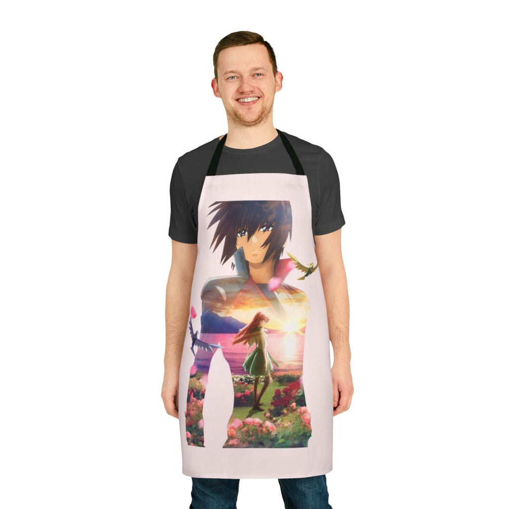 Anime-inspired apron featuring the Freedom and Immortal Justice Gundams from the Mobile Suit Gundam Seed series