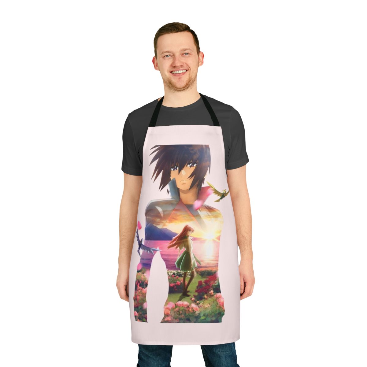 Anime-inspired apron featuring the Freedom and Immortal Justice Gundams from the Mobile Suit Gundam Seed series