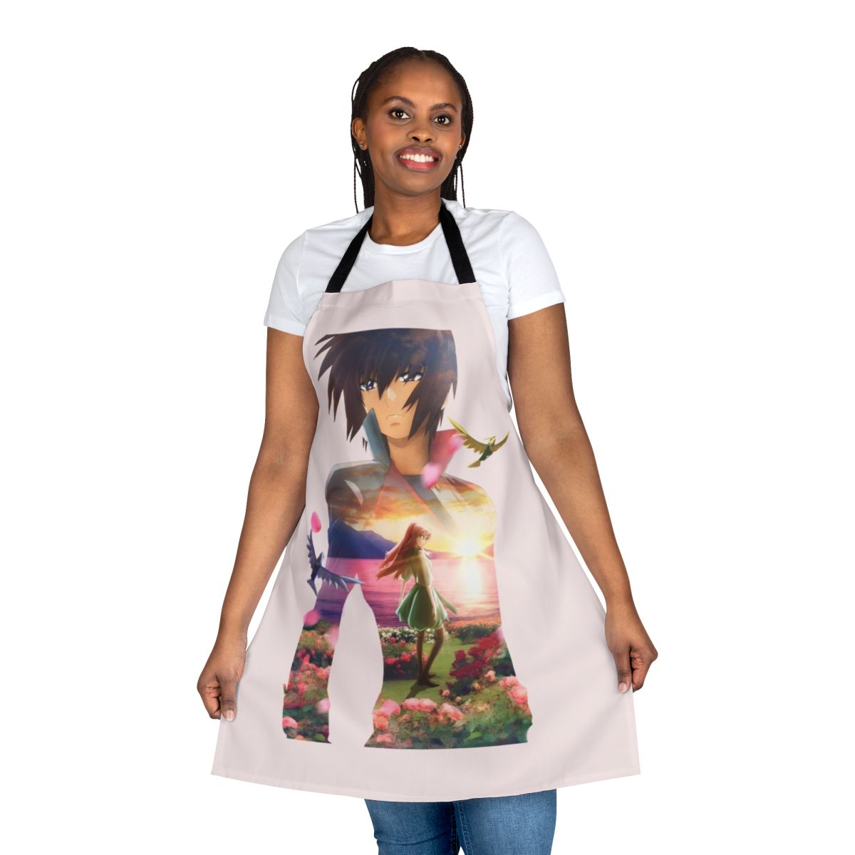 Anime-inspired apron featuring the Freedom and Immortal Justice Gundams from the Mobile Suit Gundam Seed series