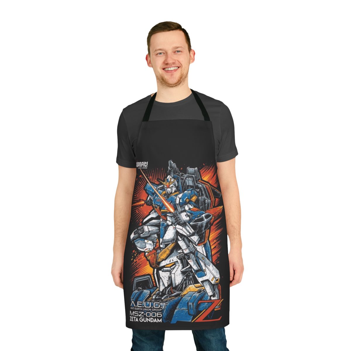 Gundam-inspired apron featuring mecha and anime-style design