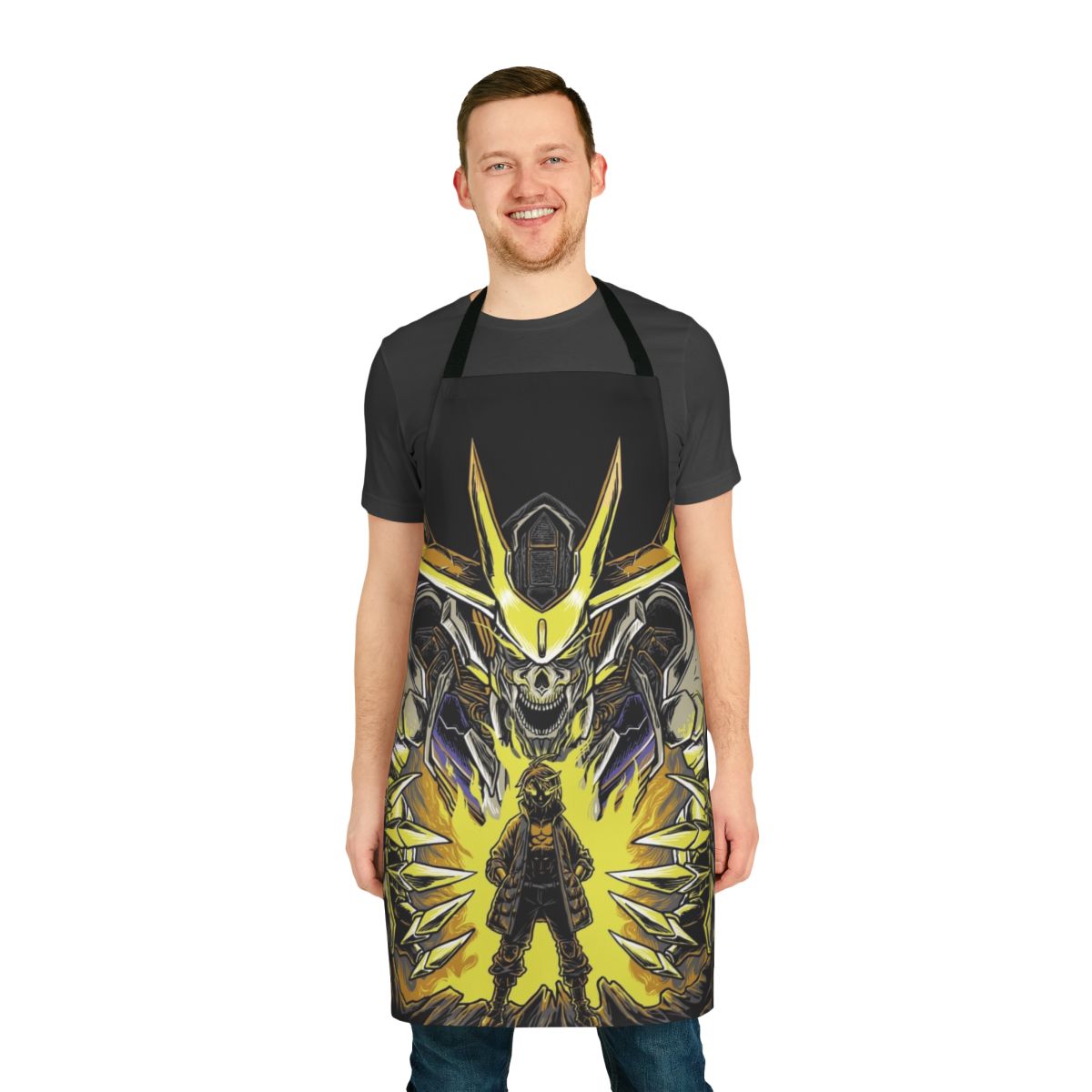 Gundam Barbatos-inspired apron featuring mecha robot and anime art