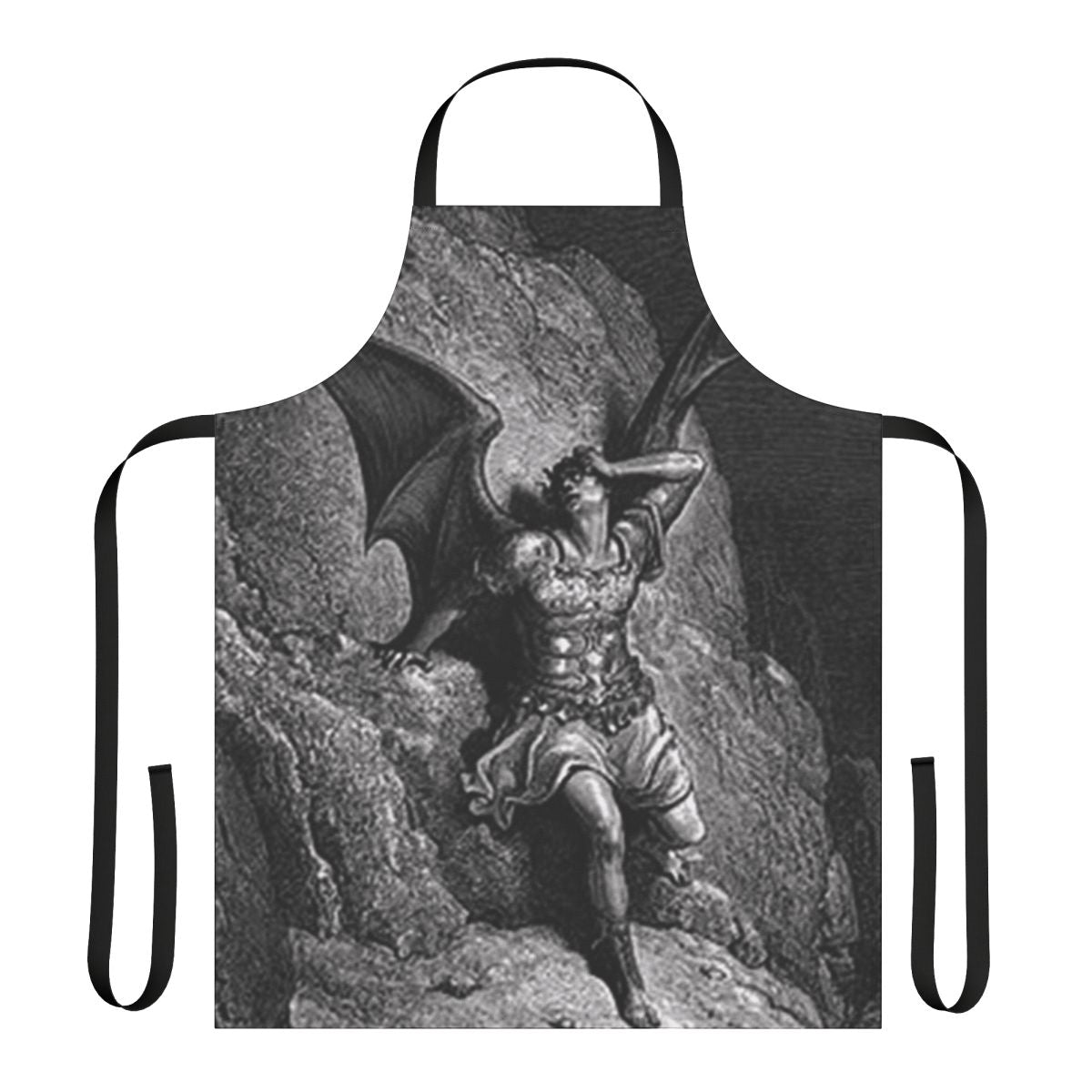 An apron featuring a profile portrait of Satan from Gustave Dore's illustrations for the epic poem Paradise Lost.