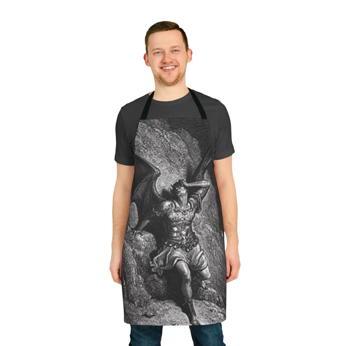 An apron featuring a profile portrait of Satan from Gustave Dore's illustrations for the epic poem Paradise Lost.