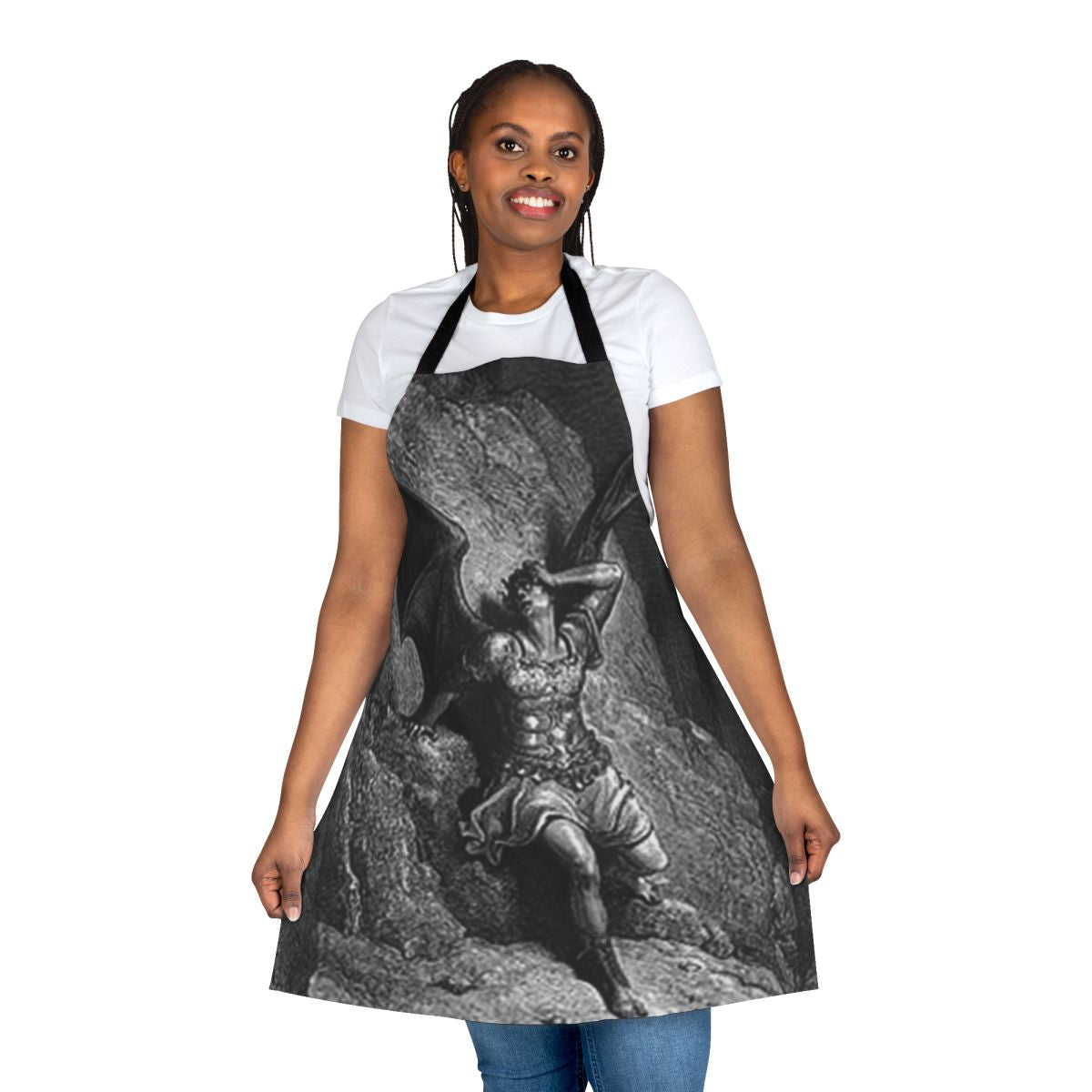 An apron featuring a profile portrait of Satan from Gustave Dore's illustrations for the epic poem Paradise Lost.