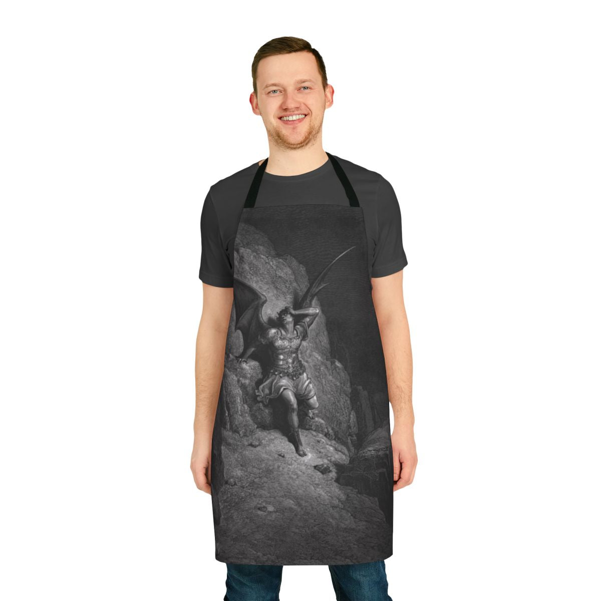 "Gustave Dore's 1866 lithograph 'The Fall of Satan' depicted on a high-quality apron"