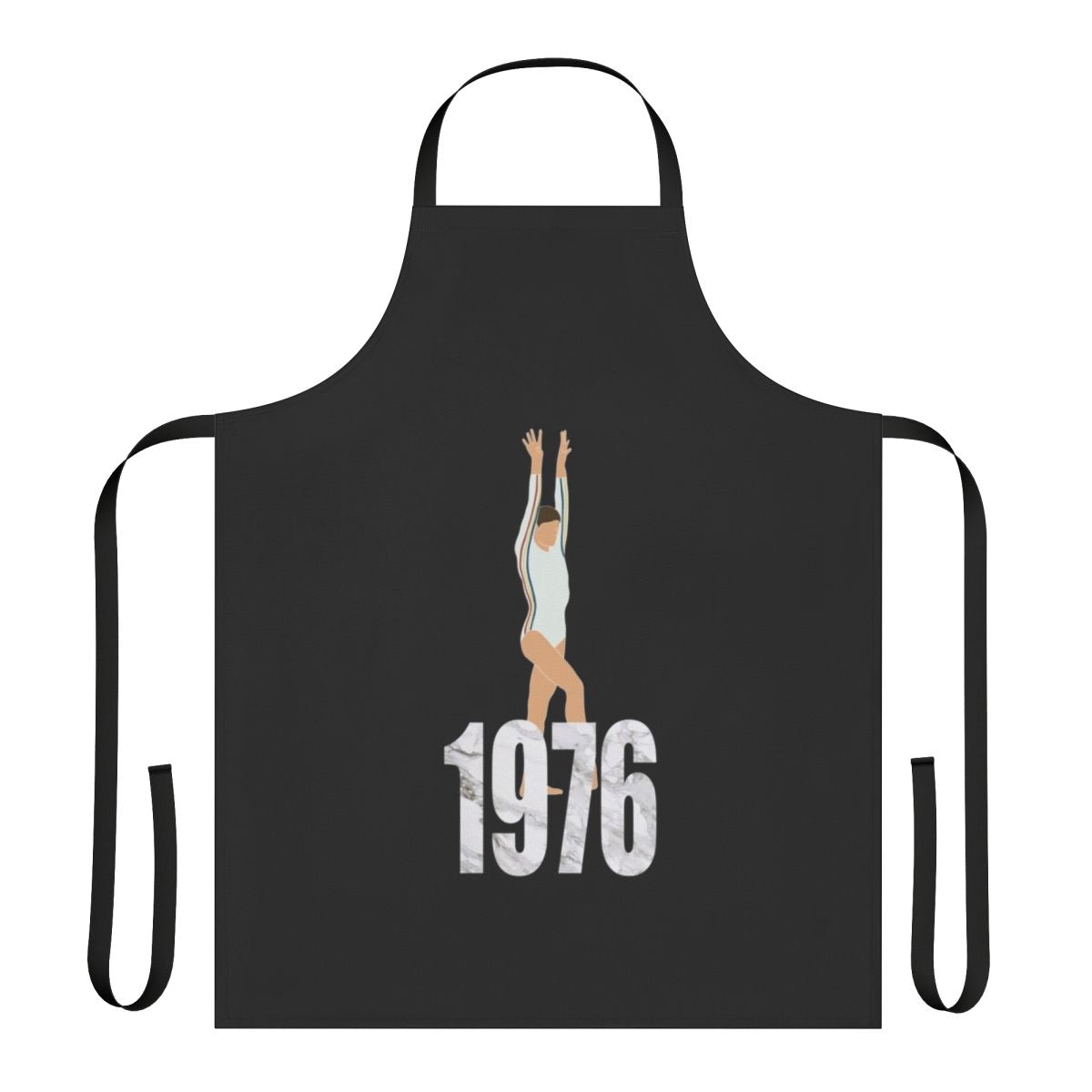 Nadia Comaneci-inspired gymnastics apron featuring tumbles, jumps, and flips