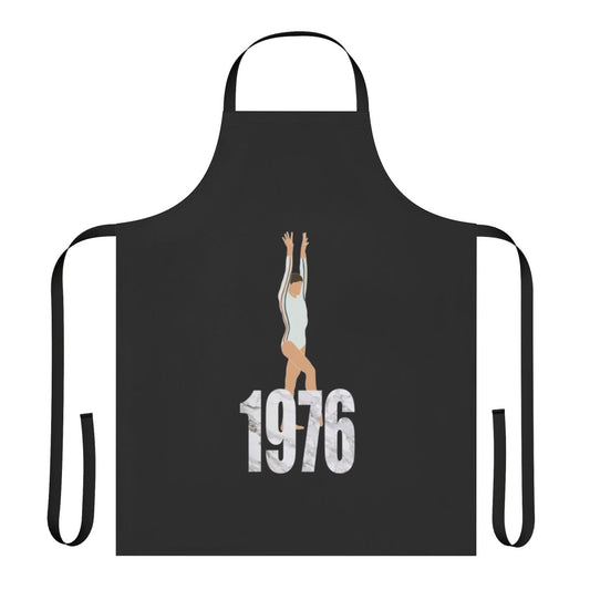 Nadia Comaneci-inspired gymnastics apron featuring tumbles, jumps, and flips