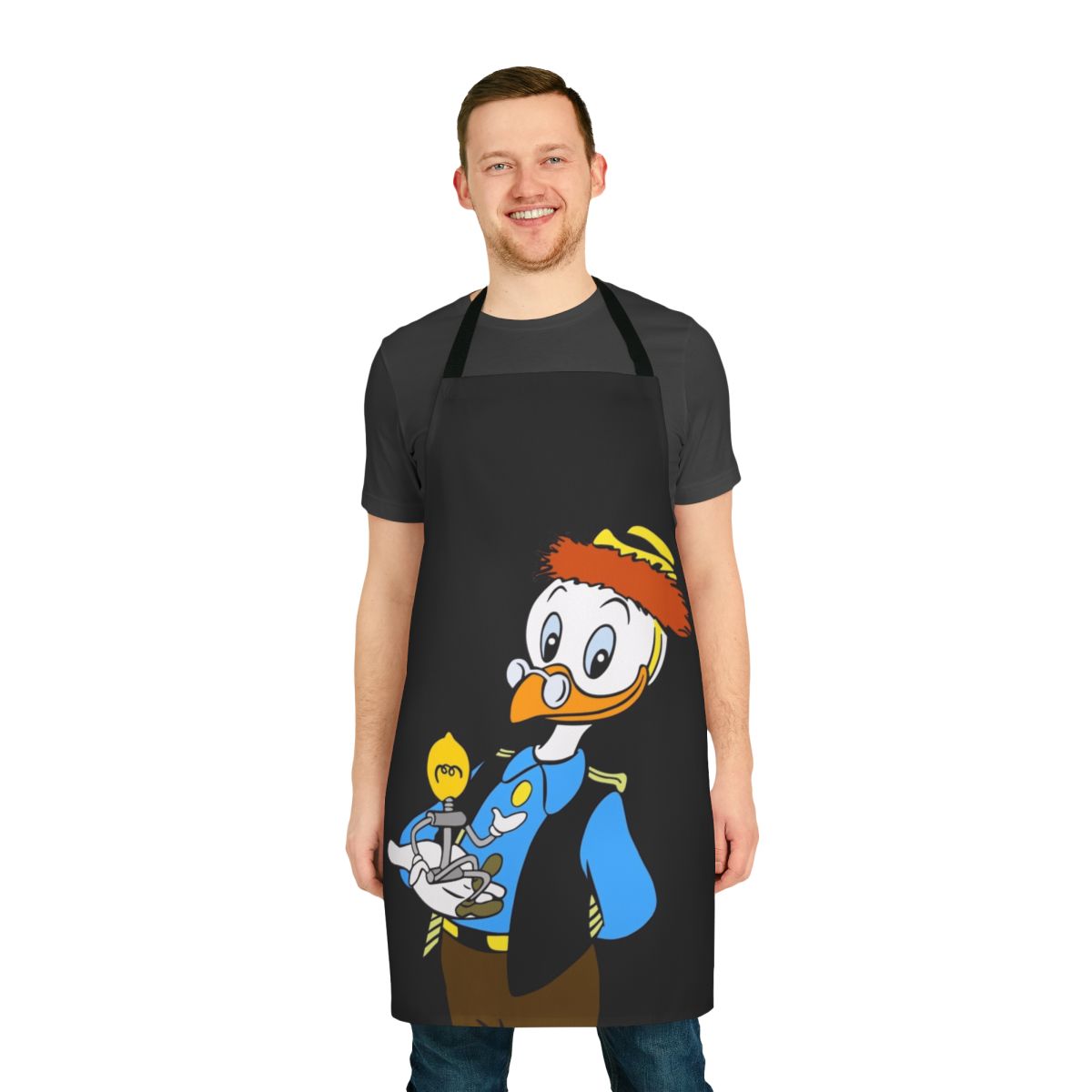 A high-quality apron featuring the iconic Gyro Gearloose, the brilliant inventor from the Disney universe.