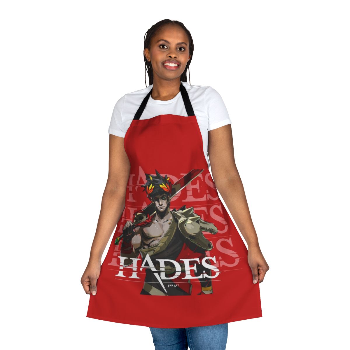 Hades inspired apron featuring characters and artwork from the popular video game