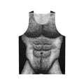 Hairy muscular male torso in black and white photograph