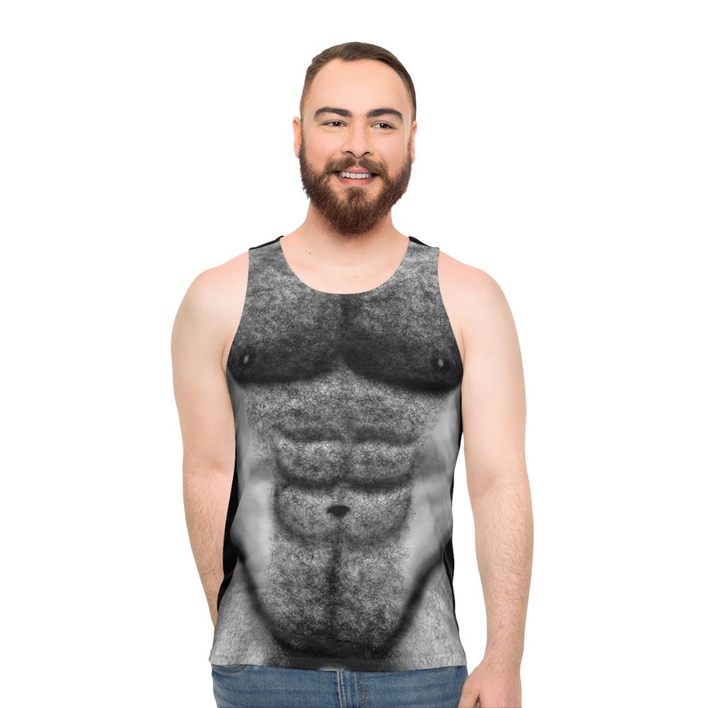 Hairy muscular male torso in black and white photograph
