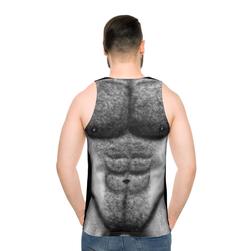 Hairy muscular male torso in black and white photograph