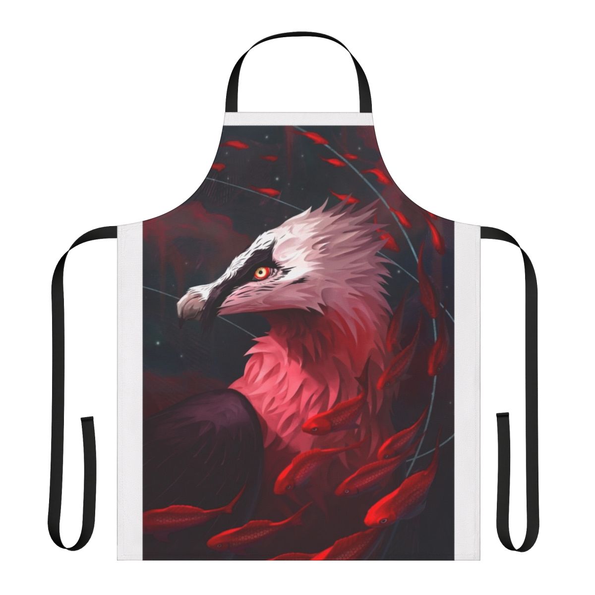 Halcyon Apron featuring a stylish design with a bearded vulture and koi fish