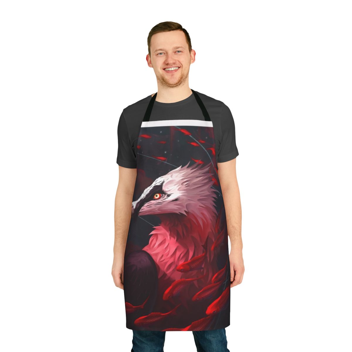 Halcyon Apron featuring a stylish design with a bearded vulture and koi fish