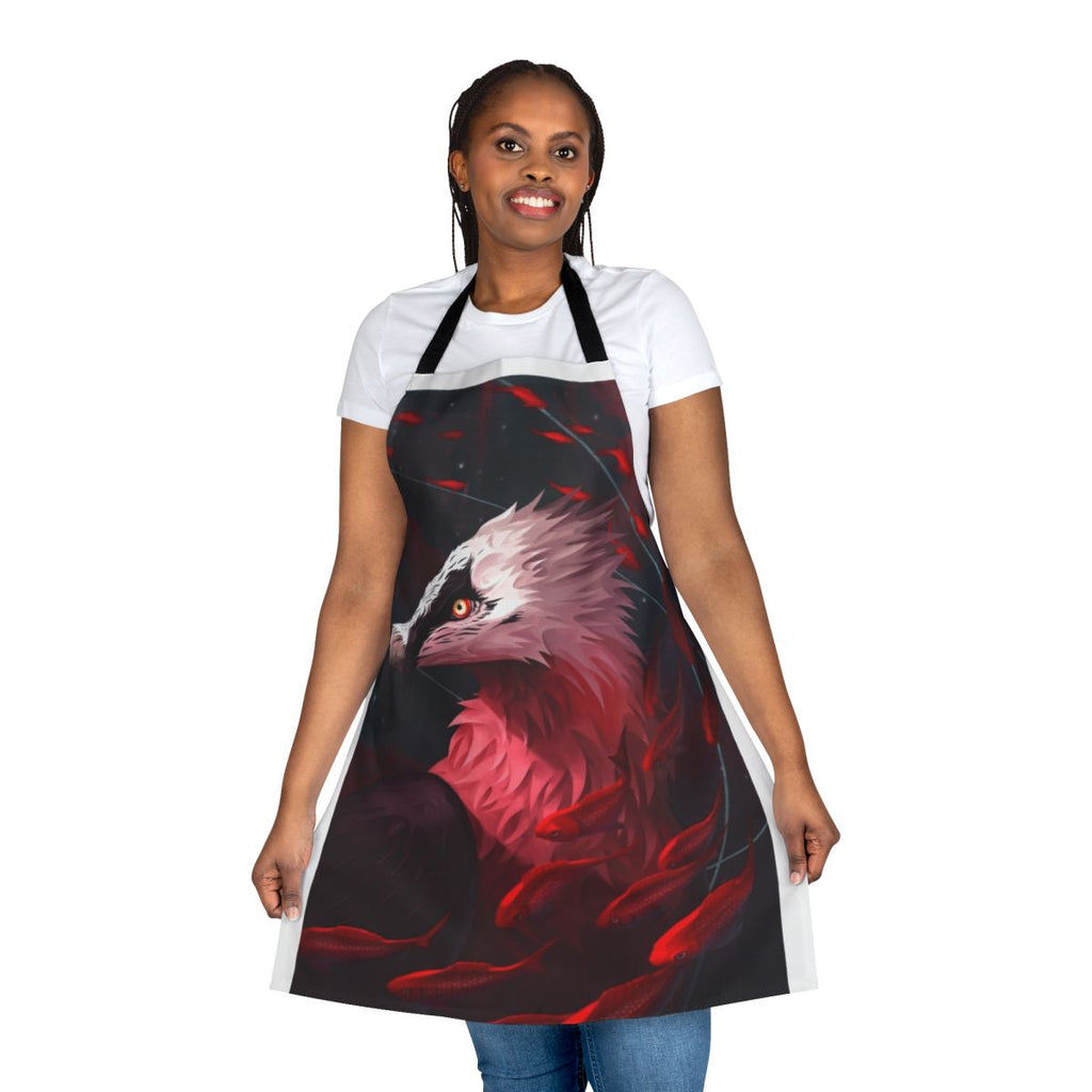Halcyon Apron featuring a stylish design with a bearded vulture and koi fish