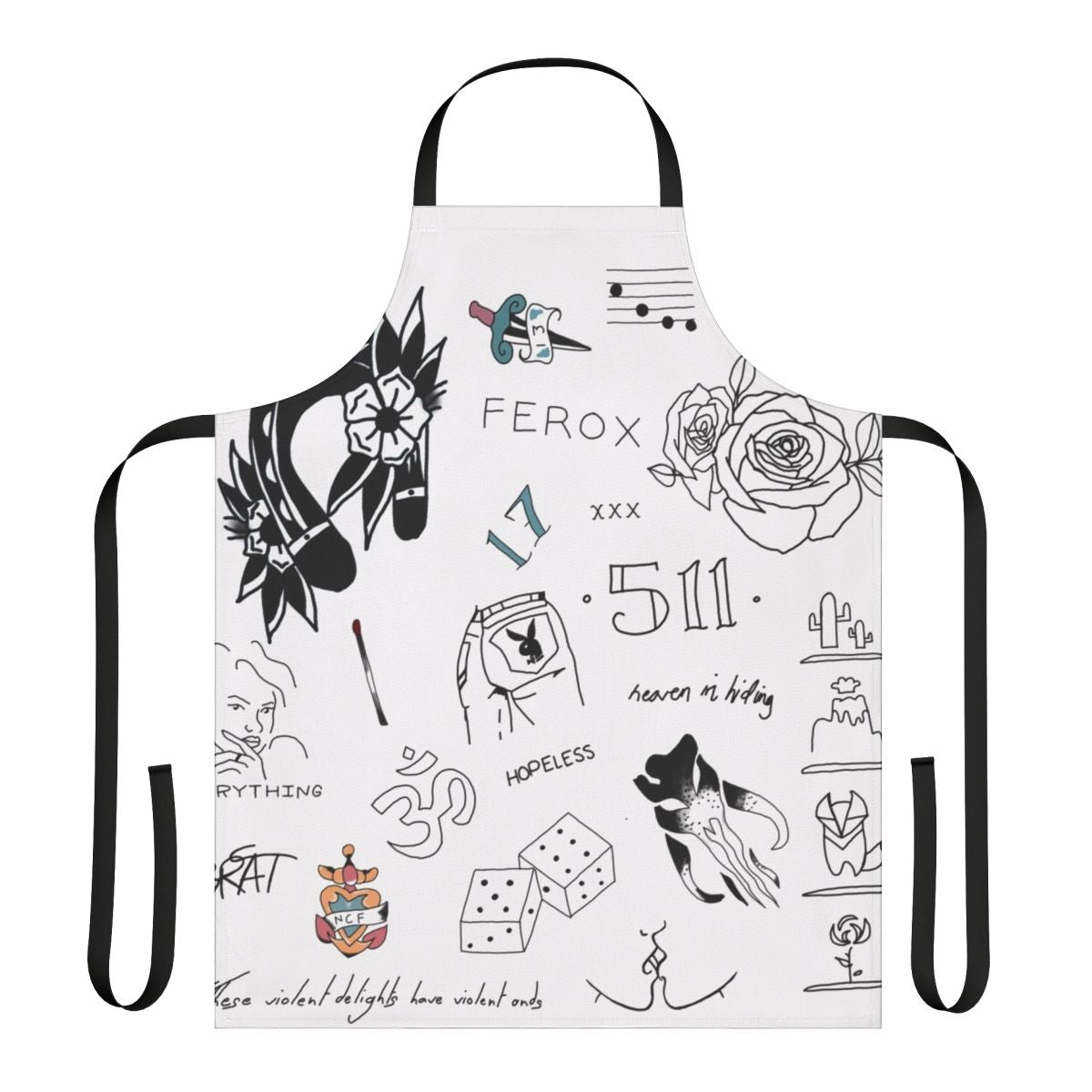 Apron featuring tattoo-inspired designs and Halsey's signature aesthetic