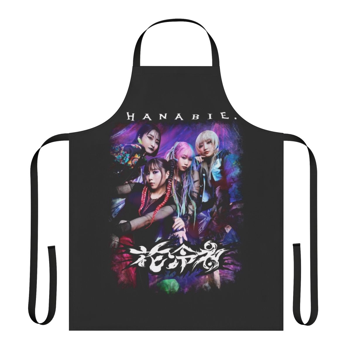 Hanabie-inspired music-themed apron featuring the band's logo and artwork
