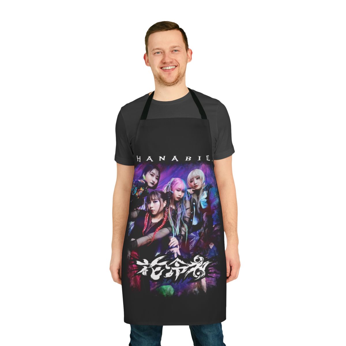 Hanabie-inspired music-themed apron featuring the band's logo and artwork