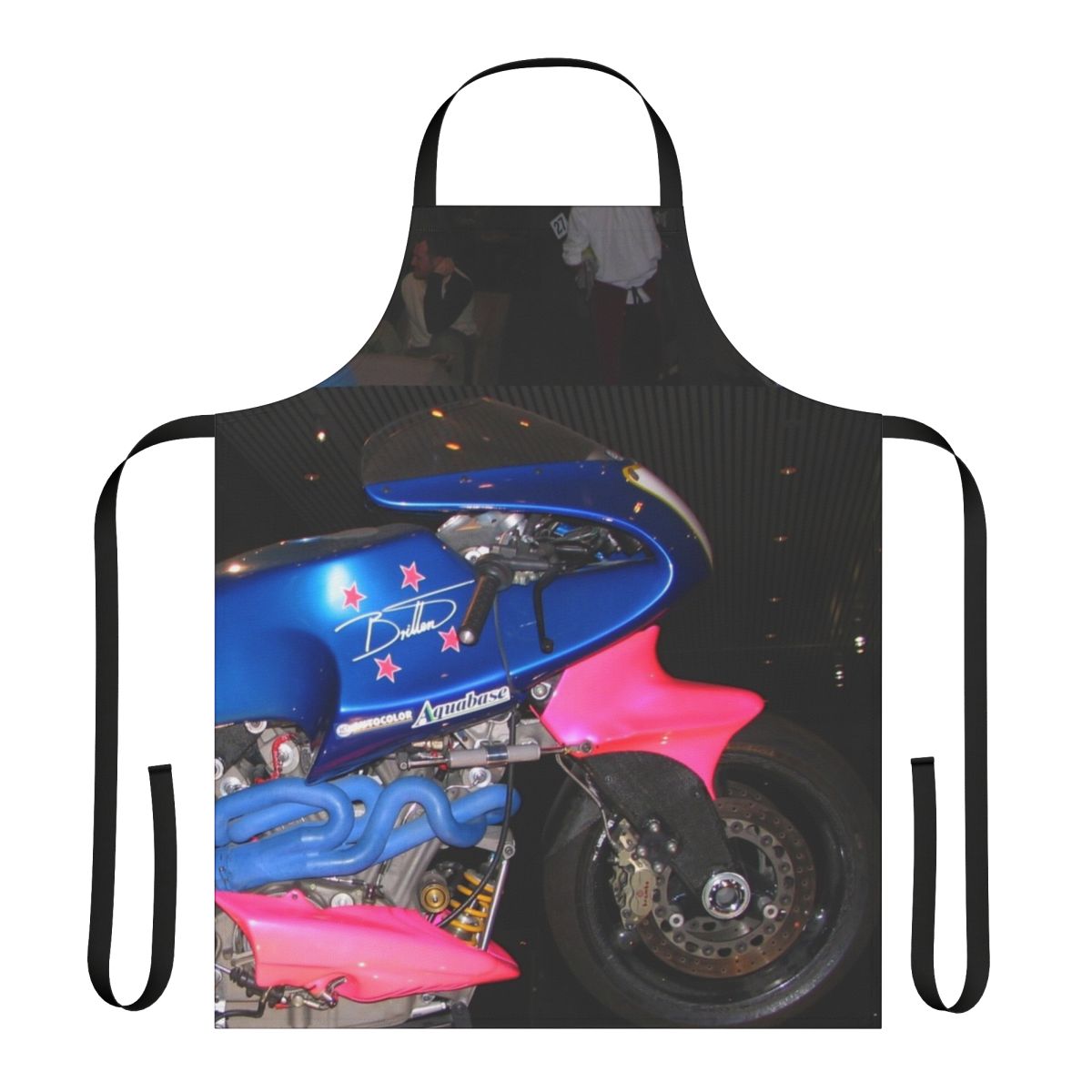 Apron featuring a handbuilt Britten race motorcycle from New Zealand