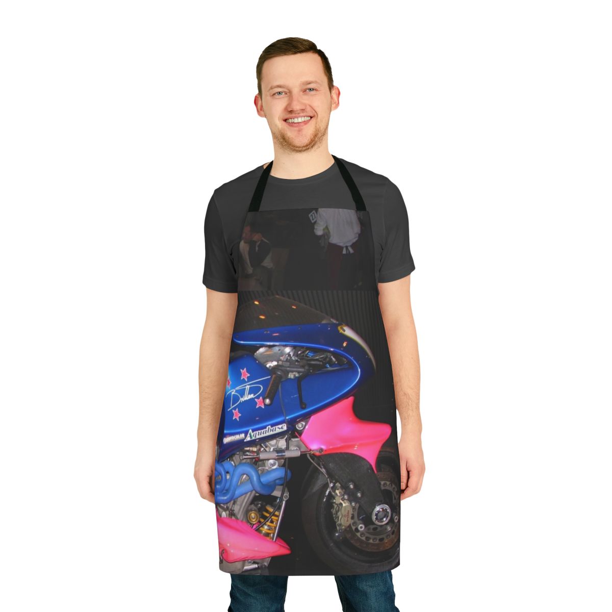 Apron featuring a handbuilt Britten race motorcycle from New Zealand