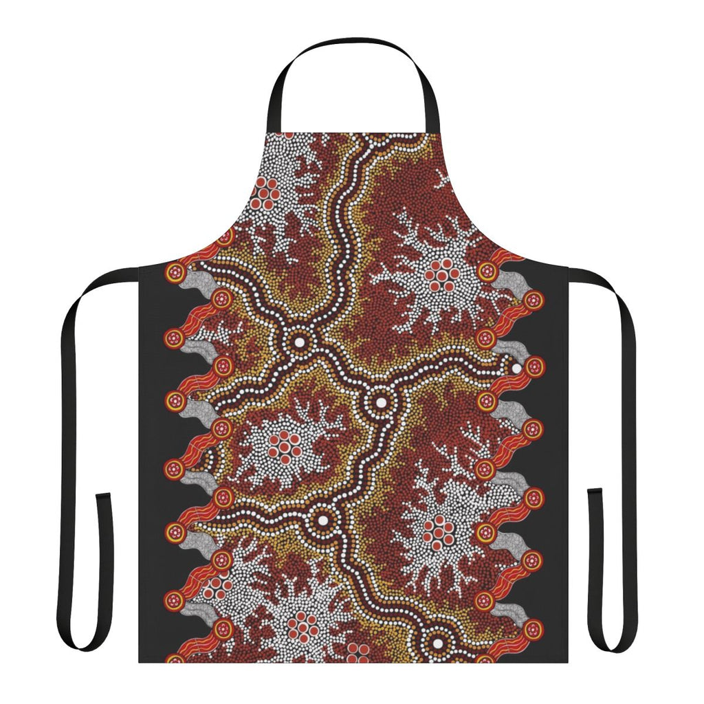 Vibrant aboriginal art design on a high-quality apron, perfect for the kitchen or as a travel accessory.