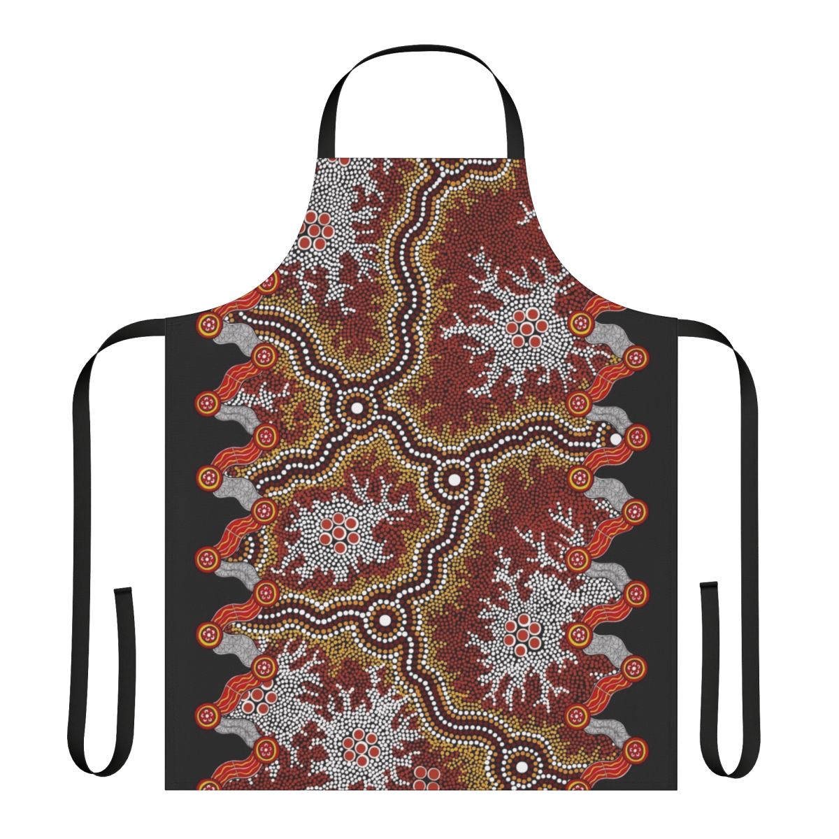 Vibrant aboriginal art design on a high-quality apron, perfect for the kitchen or as a travel accessory.