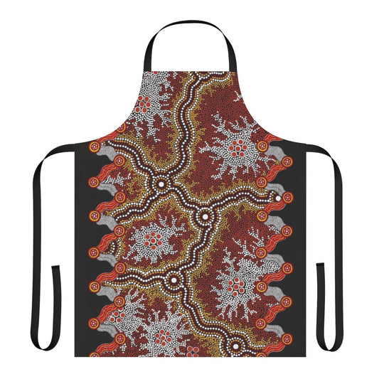 Vibrant aboriginal art design on a high-quality apron, perfect for the kitchen or as a travel accessory.