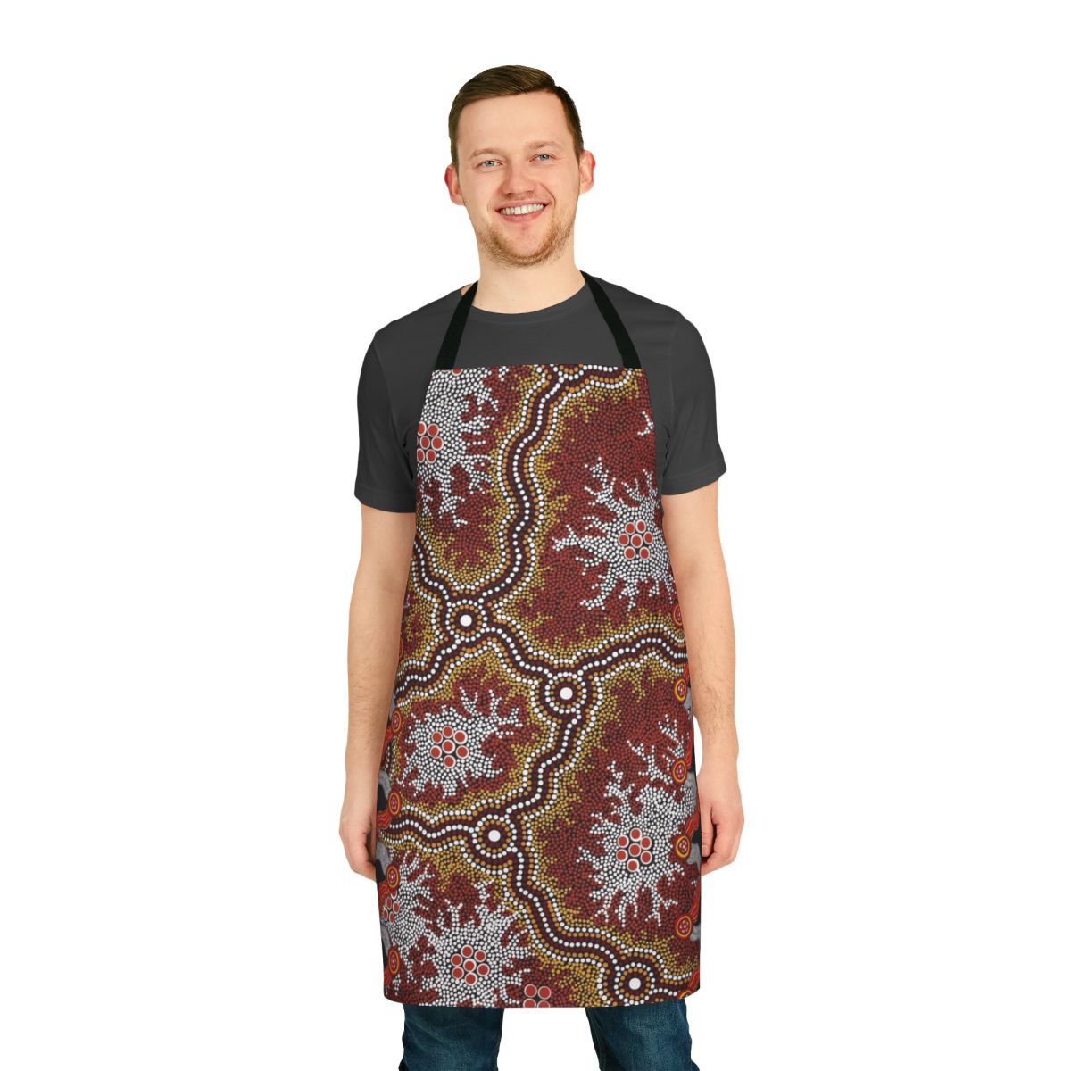 Vibrant aboriginal art design on a high-quality apron, perfect for the kitchen or as a travel accessory.