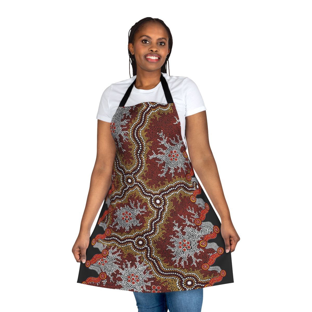 Vibrant aboriginal art design on a high-quality apron, perfect for the kitchen or as a travel accessory.